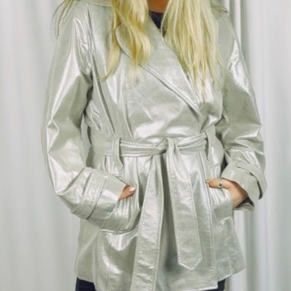 Vintage 2000’s ‘Chico’s’ Suede Belted Leather Jacket Trench Coat in Silver - L - Picture 9 of 9